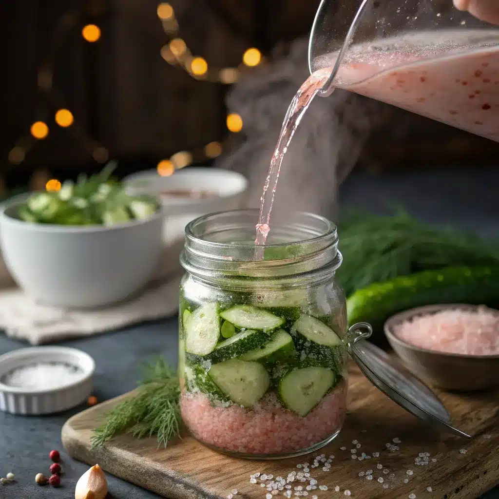 Brine with Himalayan pink salt being poured into pickle jar