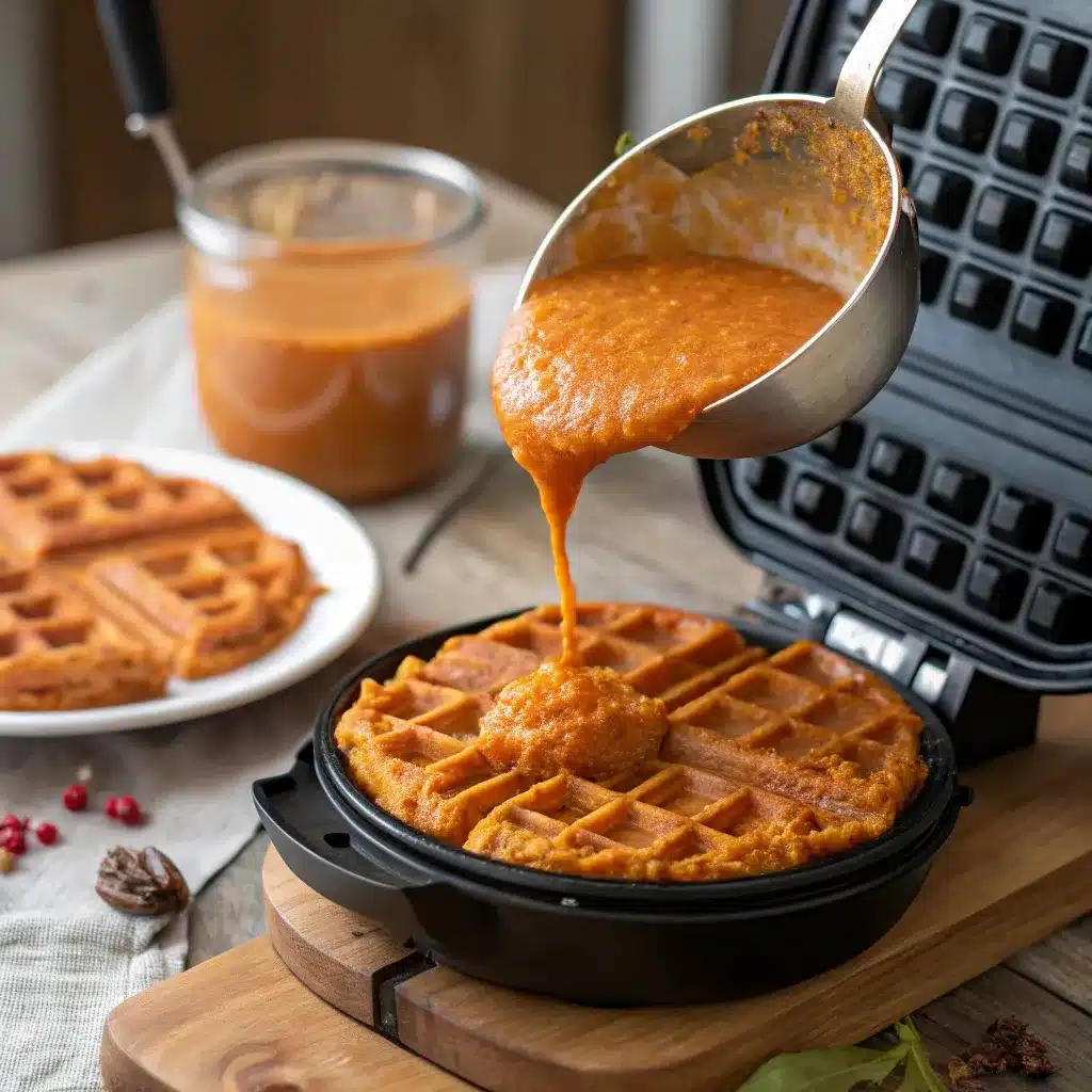Pumpkin oat flour waffle batter being poured into a hot waffle maker