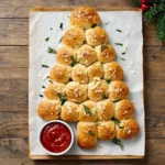 Golden cheesy pull apart Christmas tree garlic bread with marinara sauce and rosemary garnish.