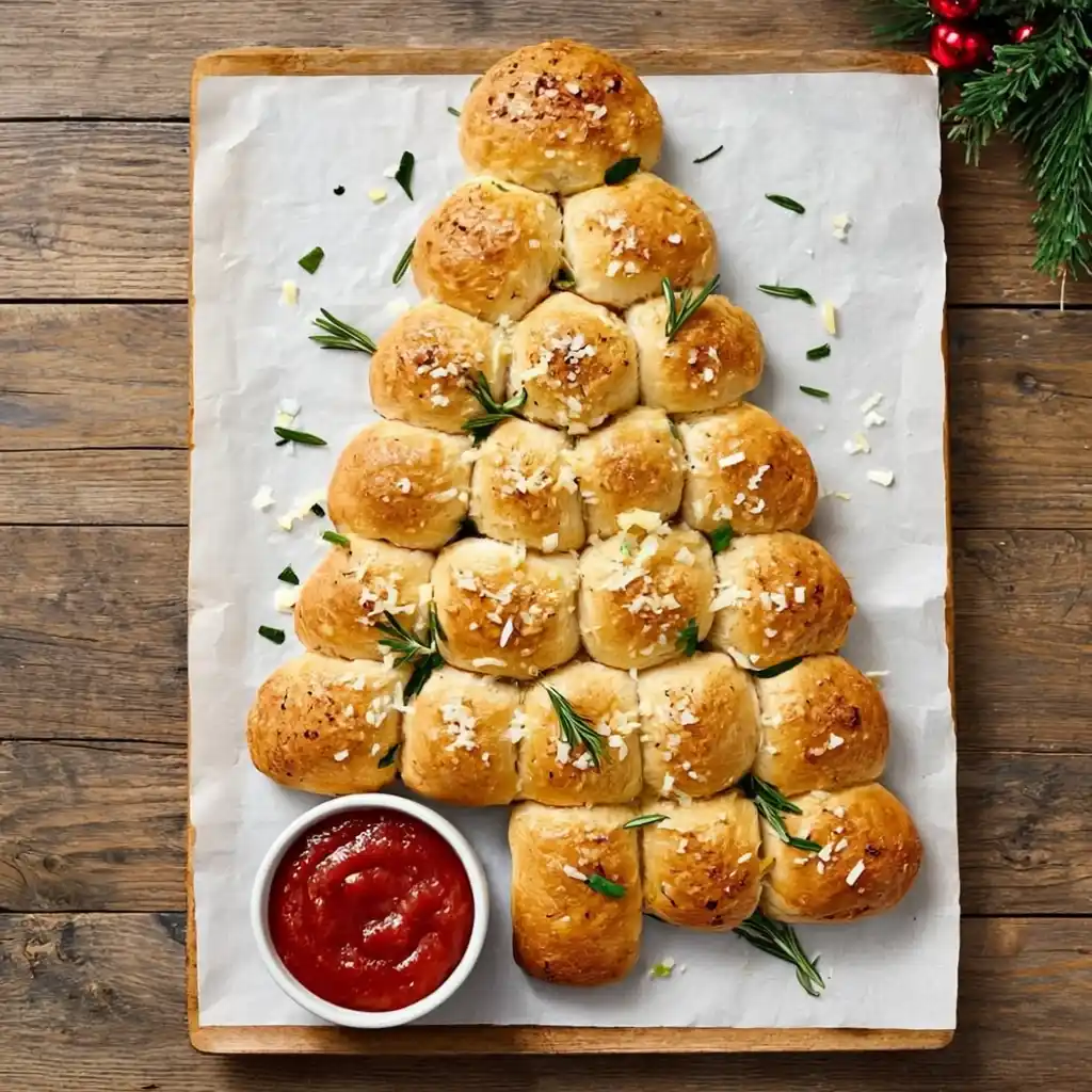 Golden cheesy pull apart Christmas tree garlic bread with marinara sauce and rosemary garnish.