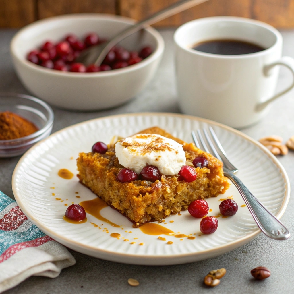 Pumpkin baked oatmeal with oat flour served with yogurt and maple syrup