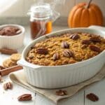 Pumpkin Baked Oatmeal with Oat Flour in baking dish with autumn spices