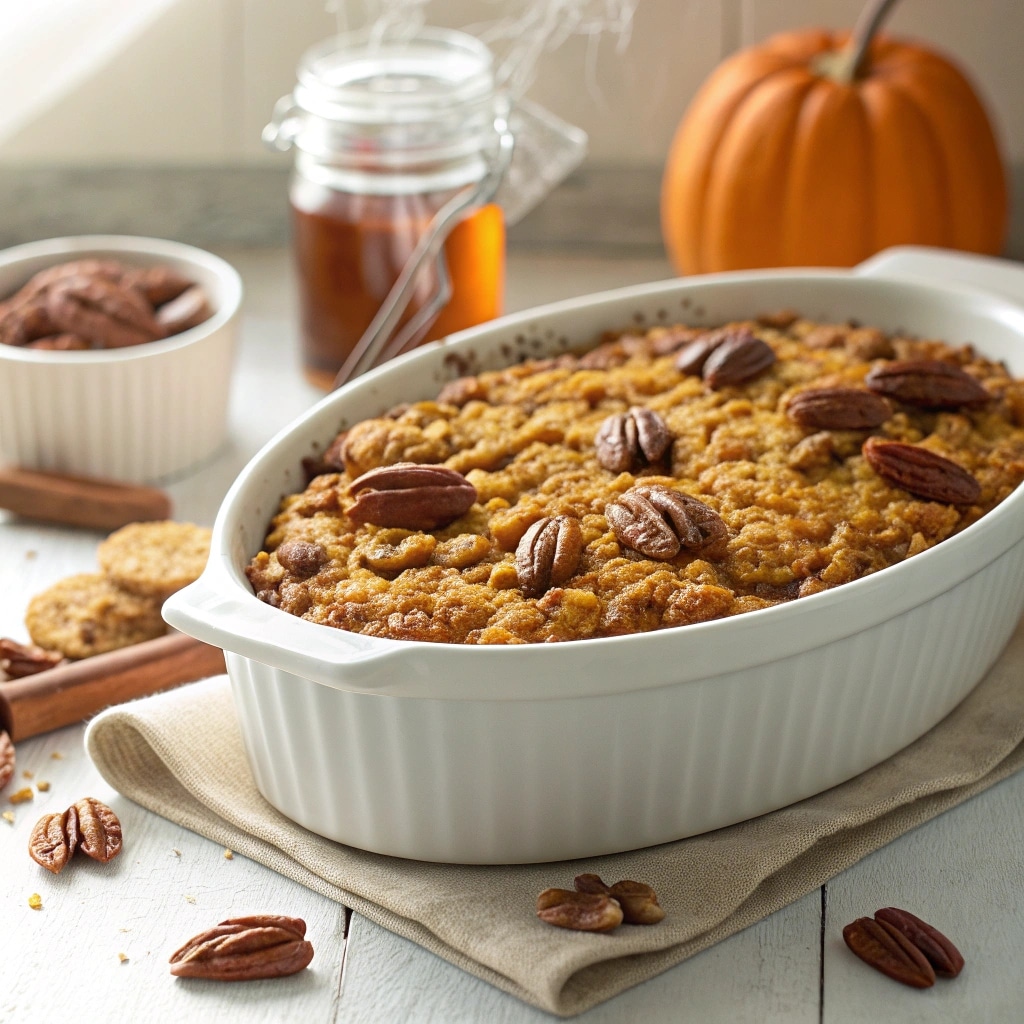 Pumpkin Baked Oatmeal with Oat Flour in baking dish with autumn spices