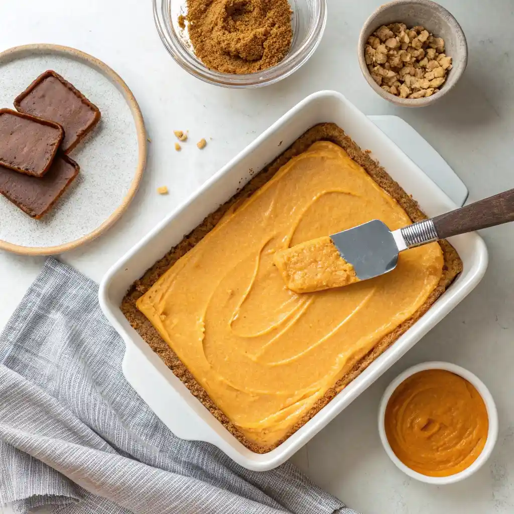 Spreading creamy pumpkin cheesecake filling over biscoff crust in baking dish.