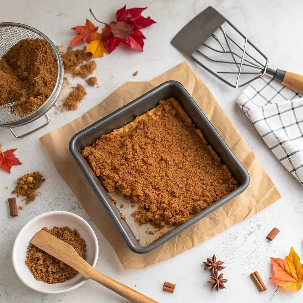 Pressing biscoff cookie crumbs into baking dish to make crust for pumpkin biscoff cheesecake bars.