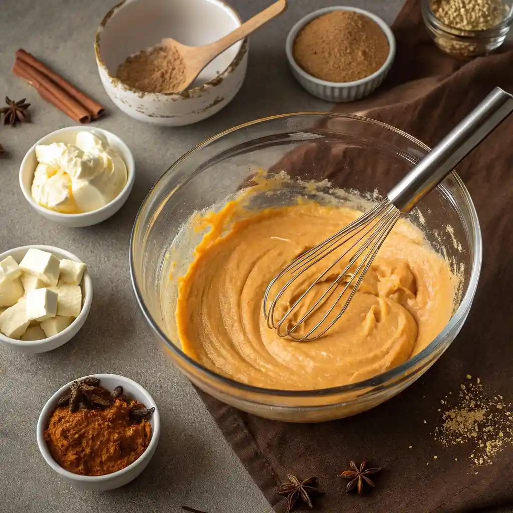 Mixing smooth pumpkin cheesecake filling in a glass bowl with spatula for no-bake biscoff cheesecake bars.