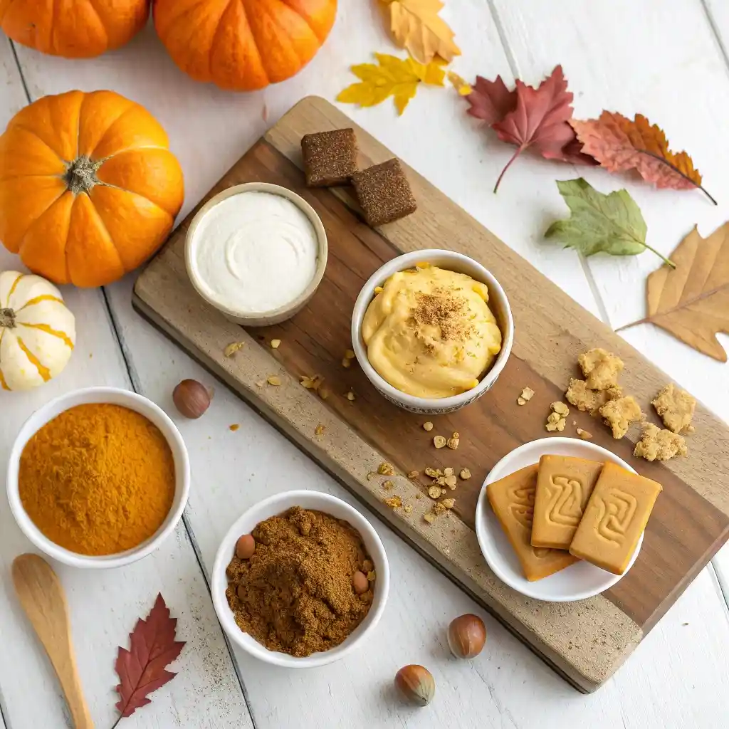 Ingredients for no-bake pumpkin biscoff cheesecake bars including biscoff cookies, pumpkin puree, and cream cheese on rustic wooden table.