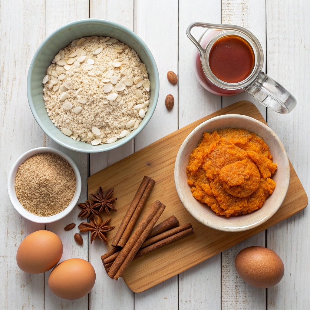 Ingredients for pumpkin baked oatmeal with oat flour on wooden table