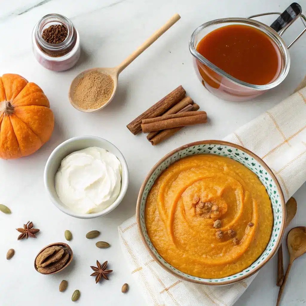 Ingredients for High-Protein Pumpkin Pie Mousse on a table