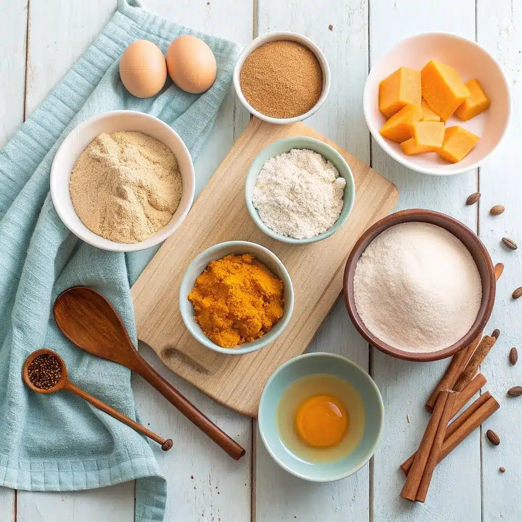 Top-down view of ingredients for pumpkin waffles with oat flour arranged in bowls