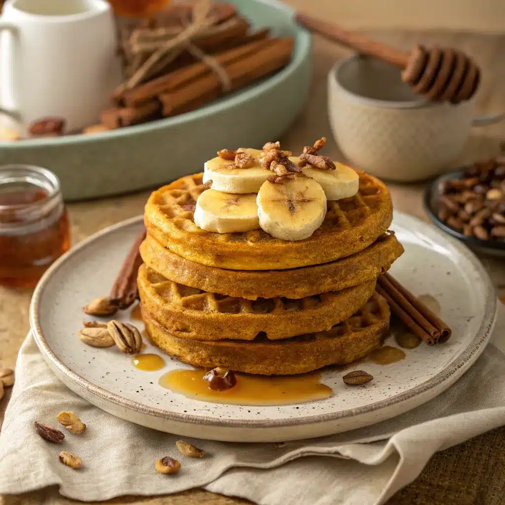 Stack of pumpkin waffles with oat flour topped with bananas and maple syrup