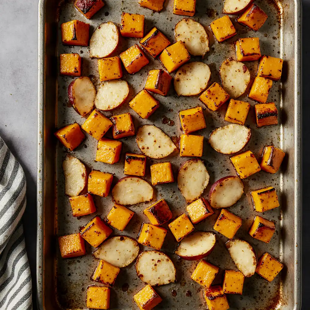 roasted butternut squash and apple on a tray