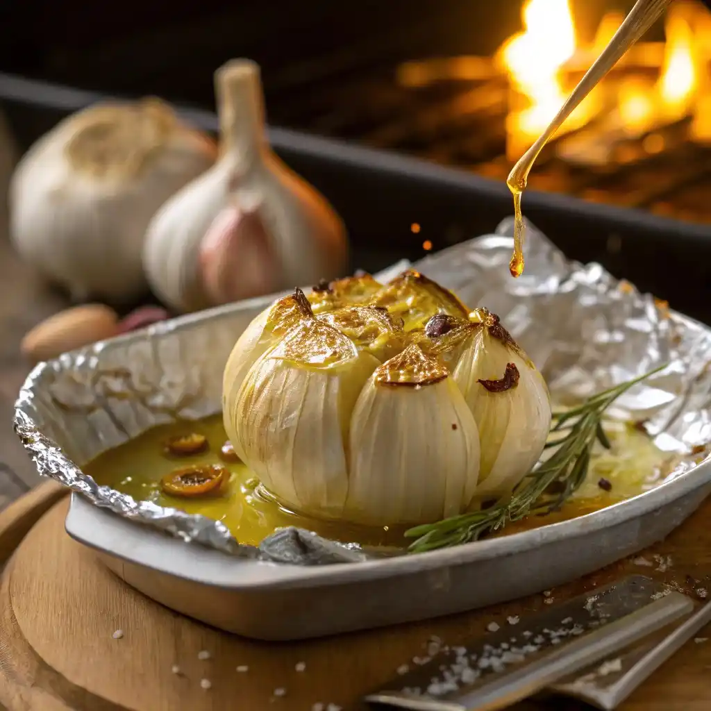 Garlic head wrapped in foil with olive oil, roasted until golden and soft for garlic butter spread.