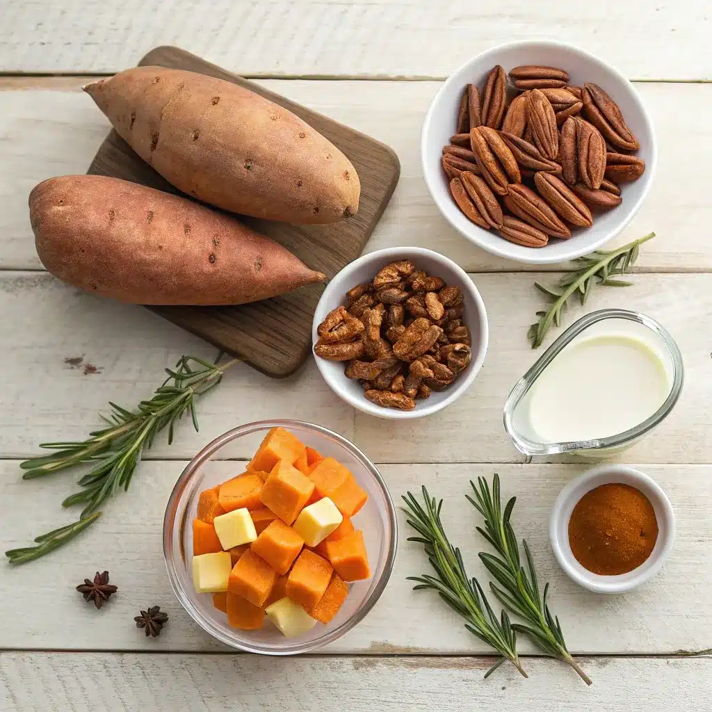 Raw ingredients for savory sweet potato casserole with pecans including sweet potatoes, pecans, butter, and spices.