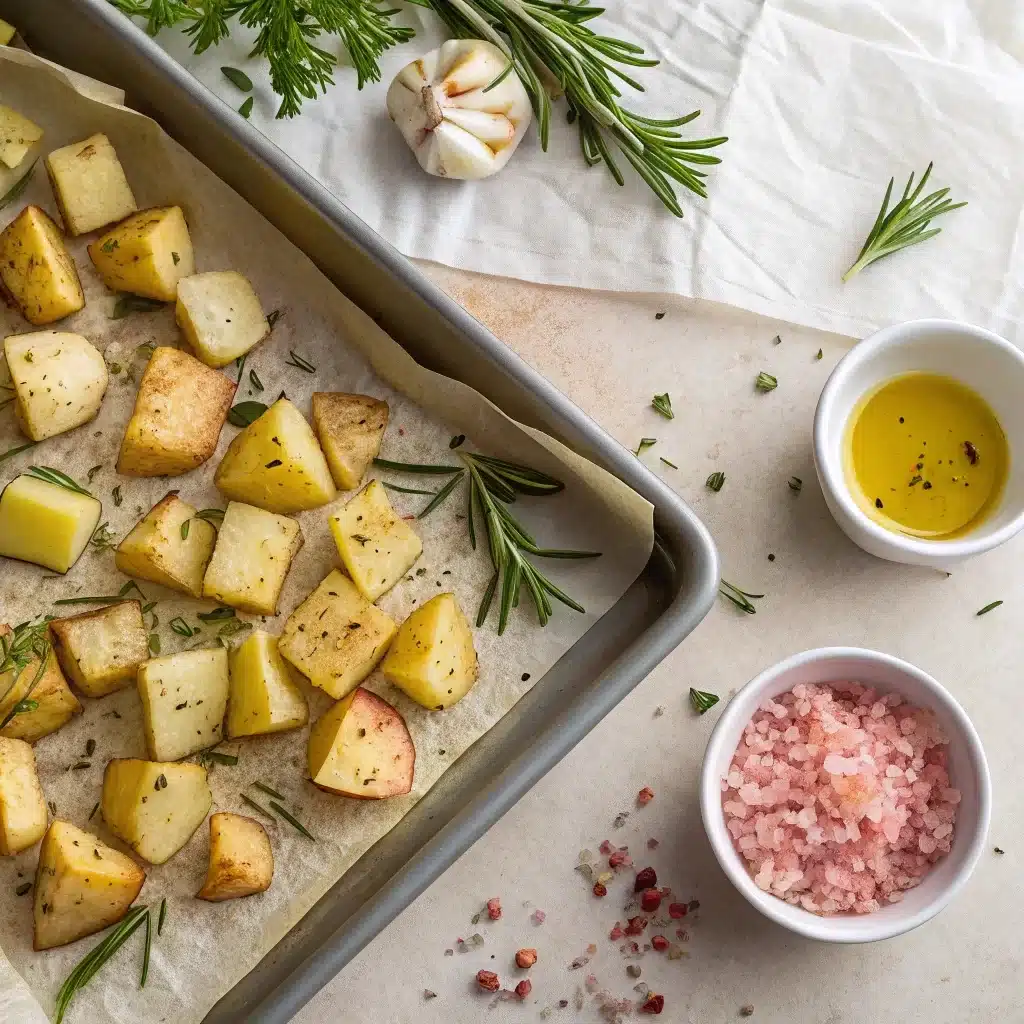Potatoes tossed with olive oil, garlic, herbs, and pink salt on baking tray