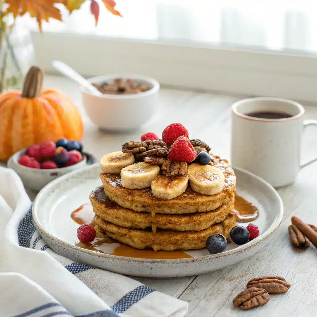Pumpkin waffles with oat flour served with banana, syrup, and autumn brunch setup