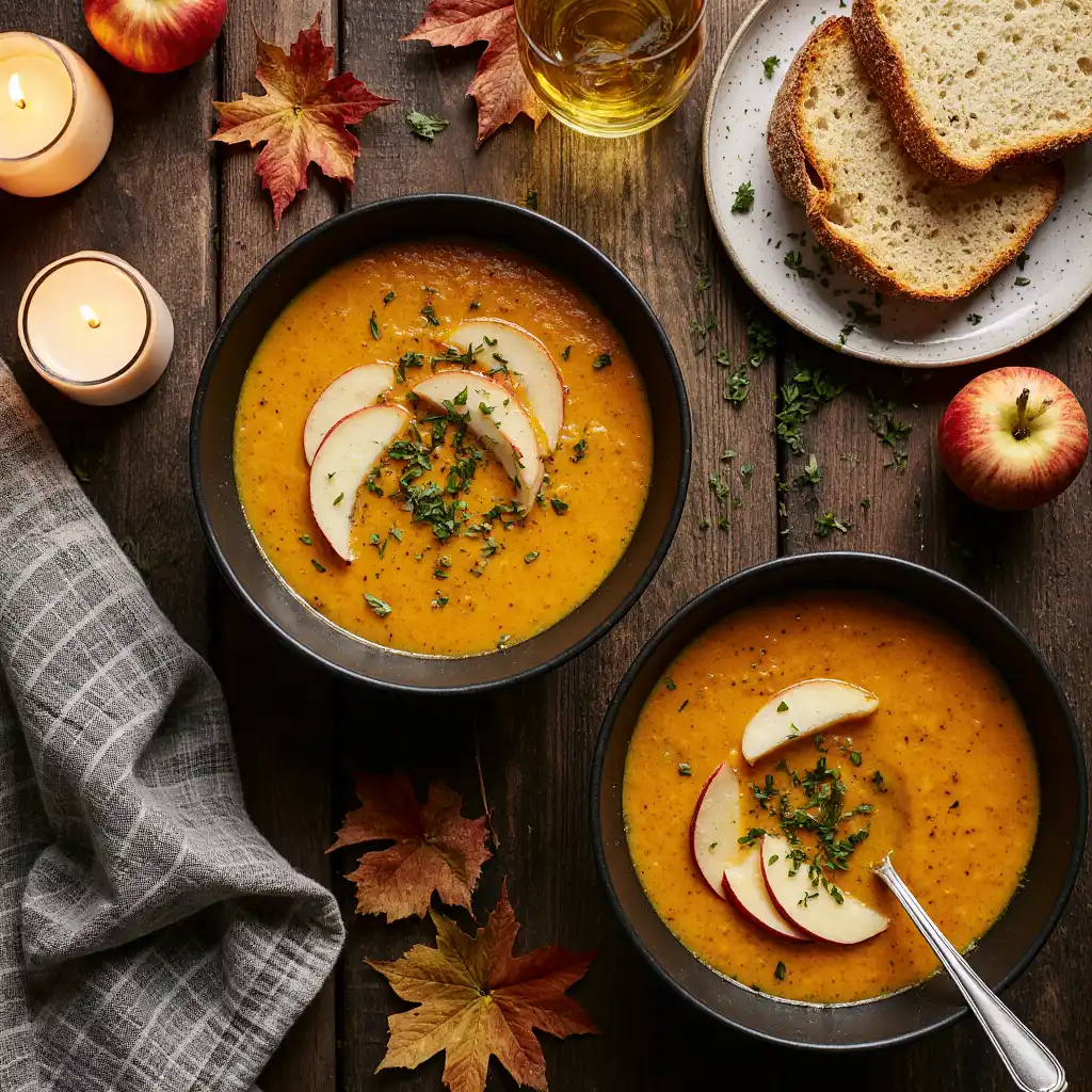 reamy butternut squash soup with apple served with garlic bread grilled cheese