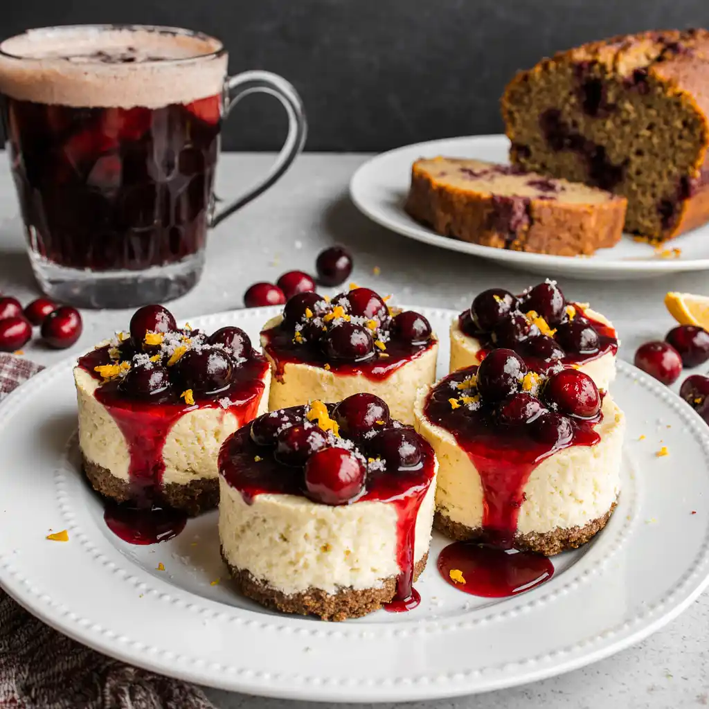 Chilled mini cranberry pumpkin cheesecakes served with cranberry topping and orange zest.
