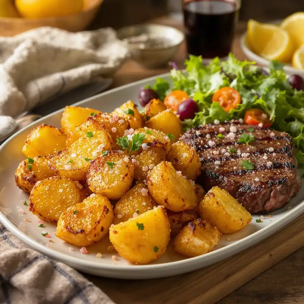 Crispy roasted potatoes with pink salt served with steak and salad