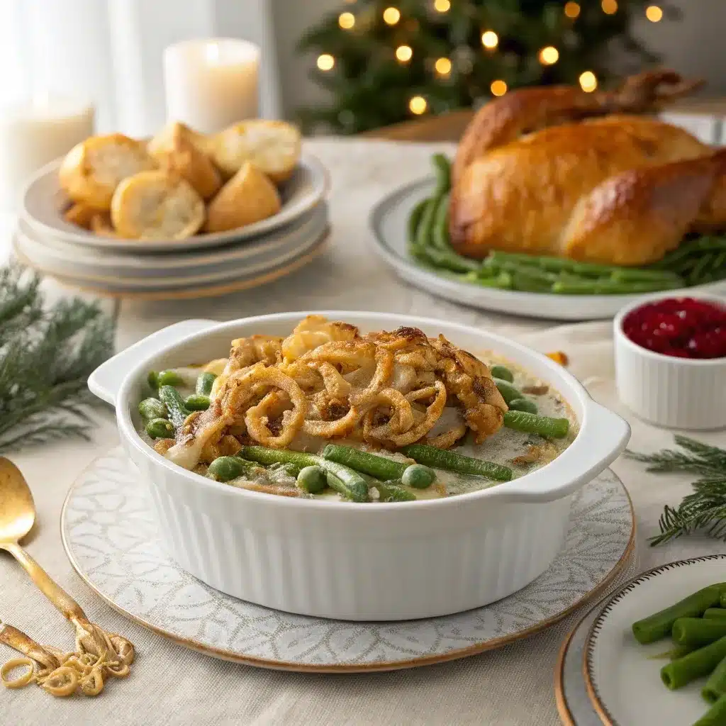 Green bean casserole on a holiday table with turkey and sides