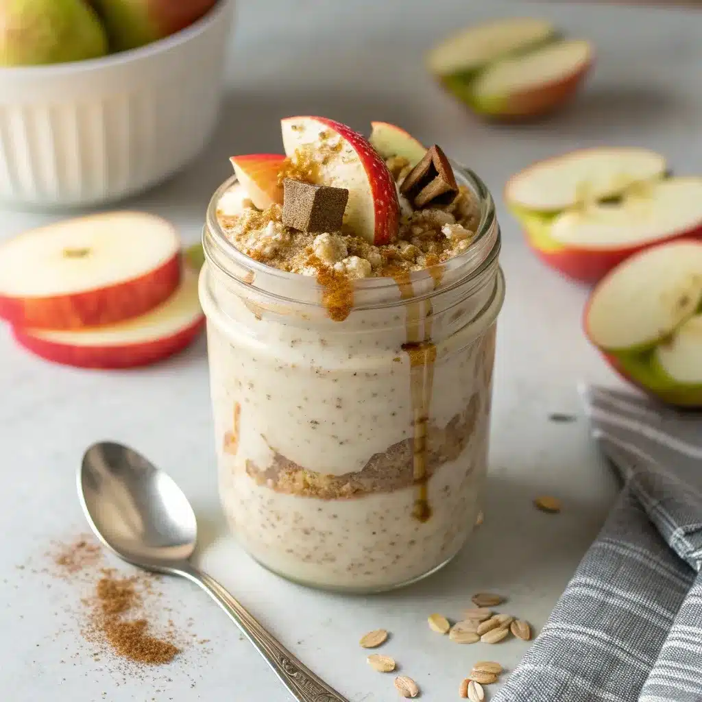 High-protein apple pie overnight oats topped with apple slices, cinnamon, and maple syrup