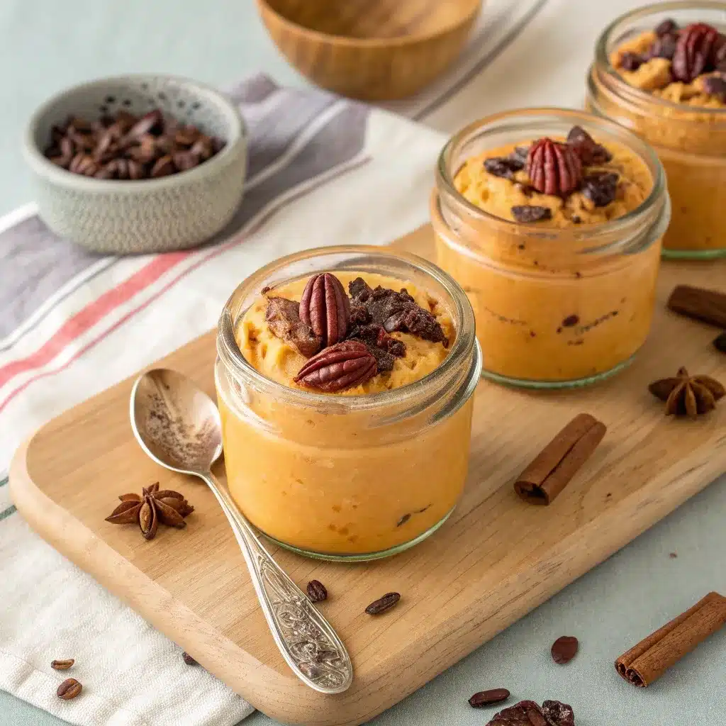 High-Protein Pumpkin Pie Mousse topped with pecans and chocolate in jars