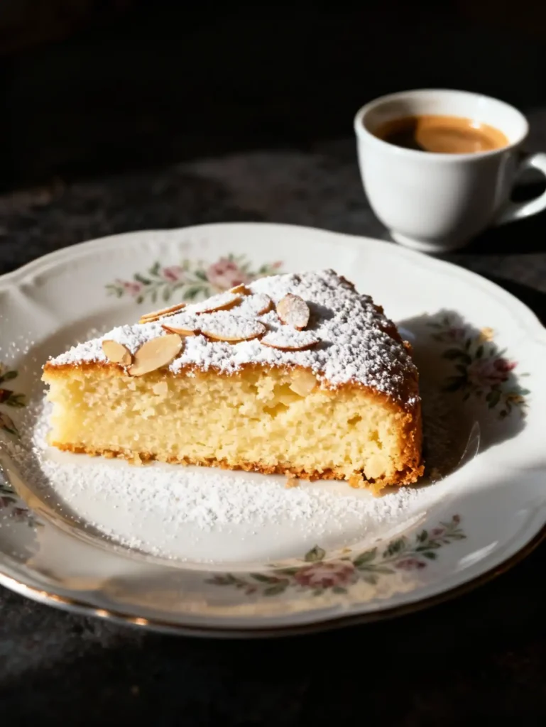 Slice of Italian Almond Ricotta Cake served with espresso