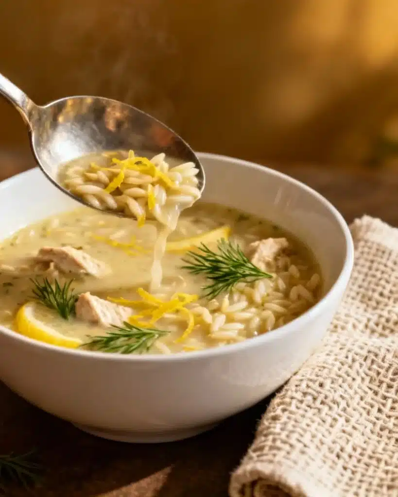serving lemon chicken orzo soup into bowl