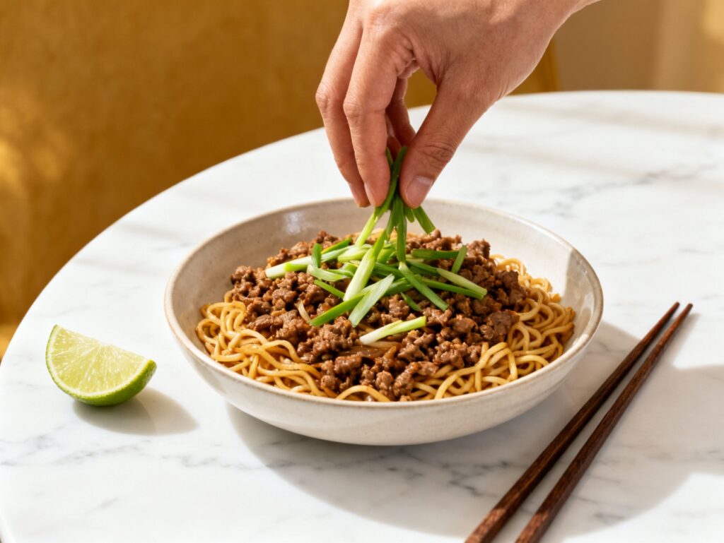 Serving Mongolian ground beef noodles in bowl