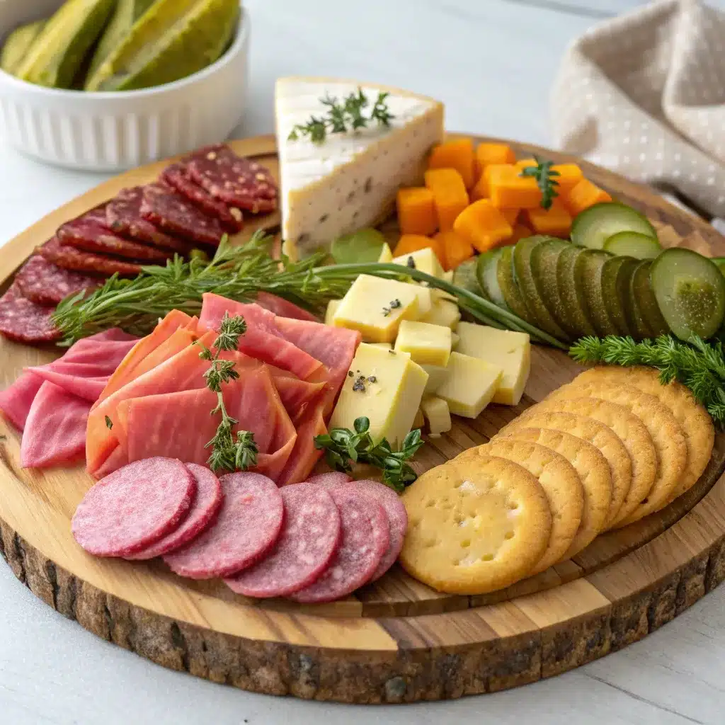 Sliced pink salt pickles served on charcuterie board with cheese