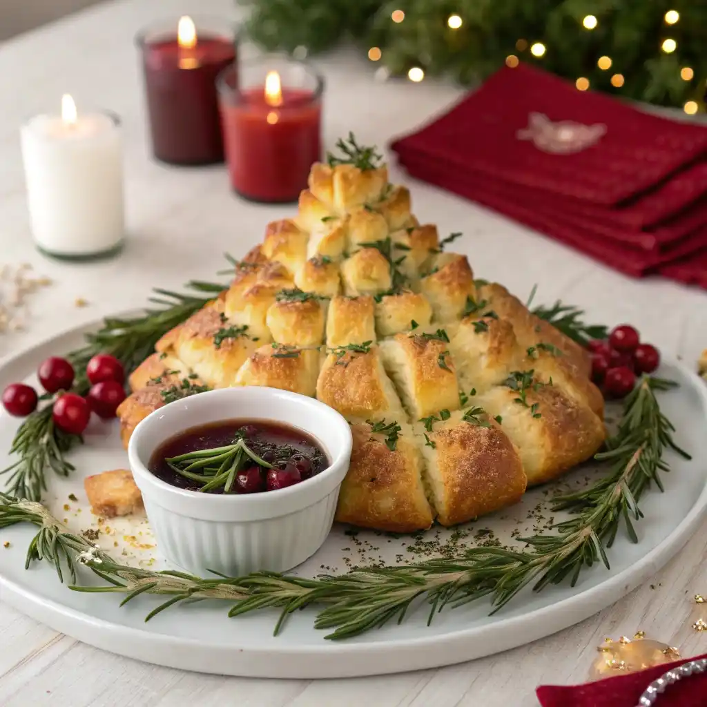 Golden pull apart Christmas tree garlic bread with rosemary and sugared cranberries on a festive holiday table.