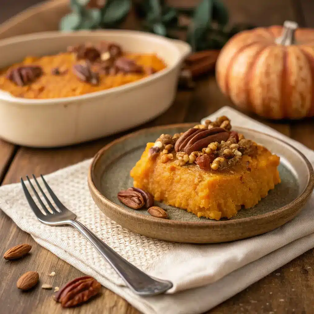 A plated portion of savory sweet potato casserole with pecans ready to enjoy at a fall dinner table.