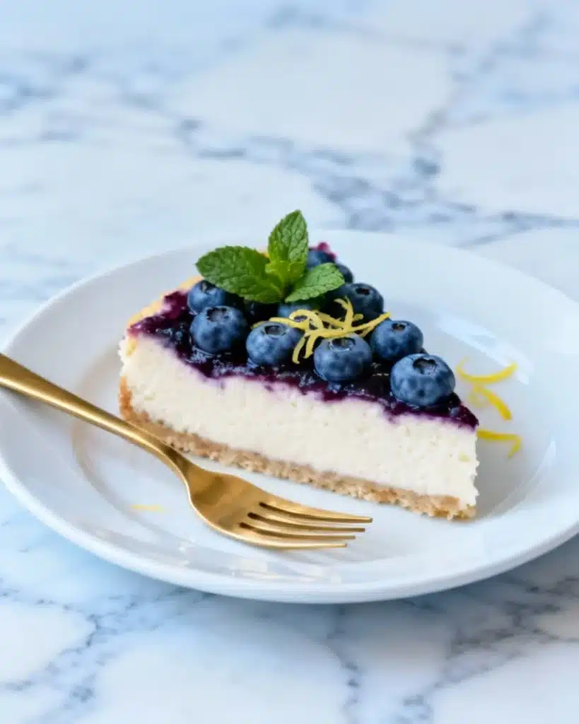 Slice of no bake blueberry cheesecake on plate