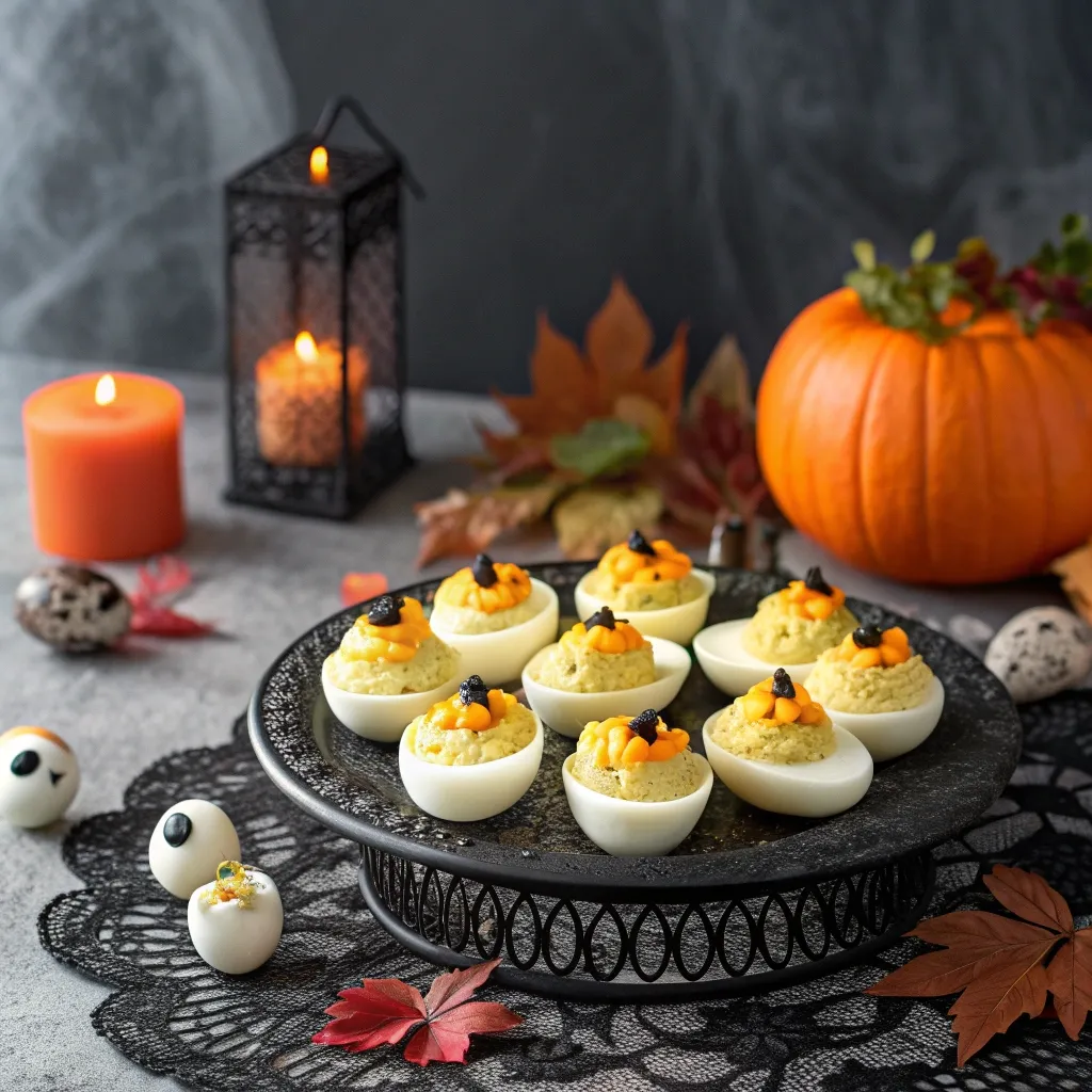 Spooky deviled eggs served on a Halloween-themed table
