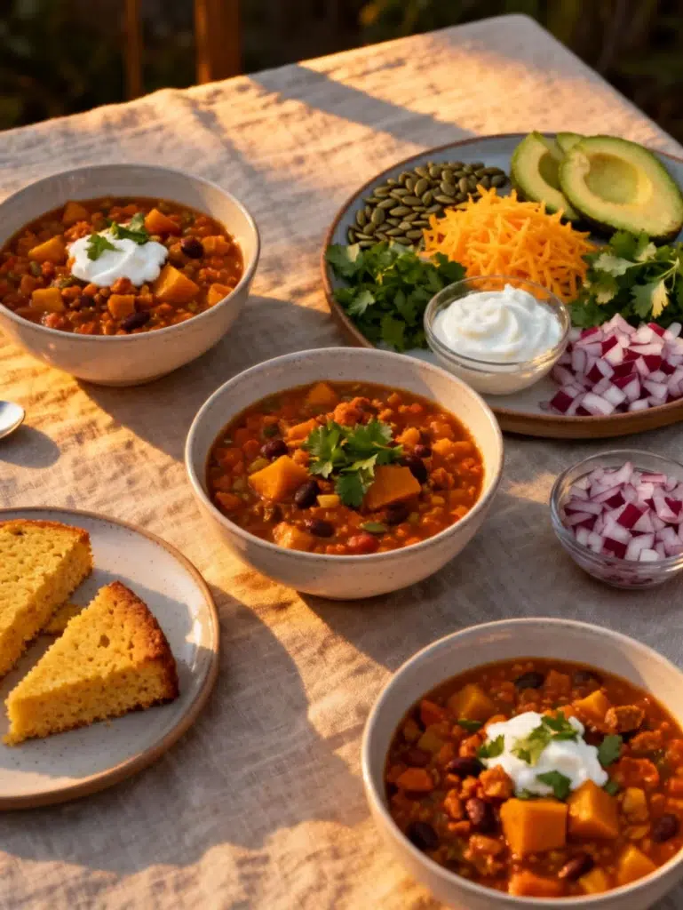 simmered vegetarian pumpkin chili with lime