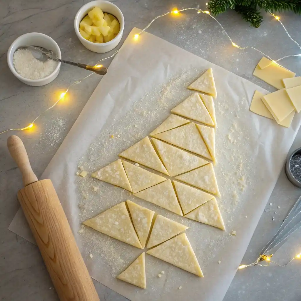 Crescent dough triangles shaped into a Christmas tree on parchment paper, ready to fill and bake.