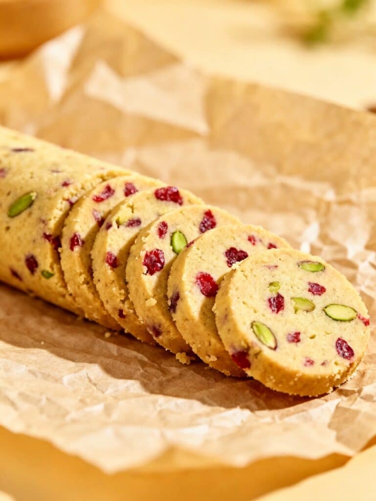 Sliced cranberry pistachio cookie dough