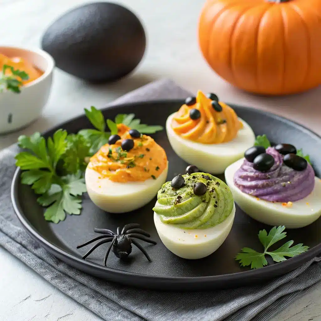 Spooky deviled eggs in four Halloween styles on a serving plate