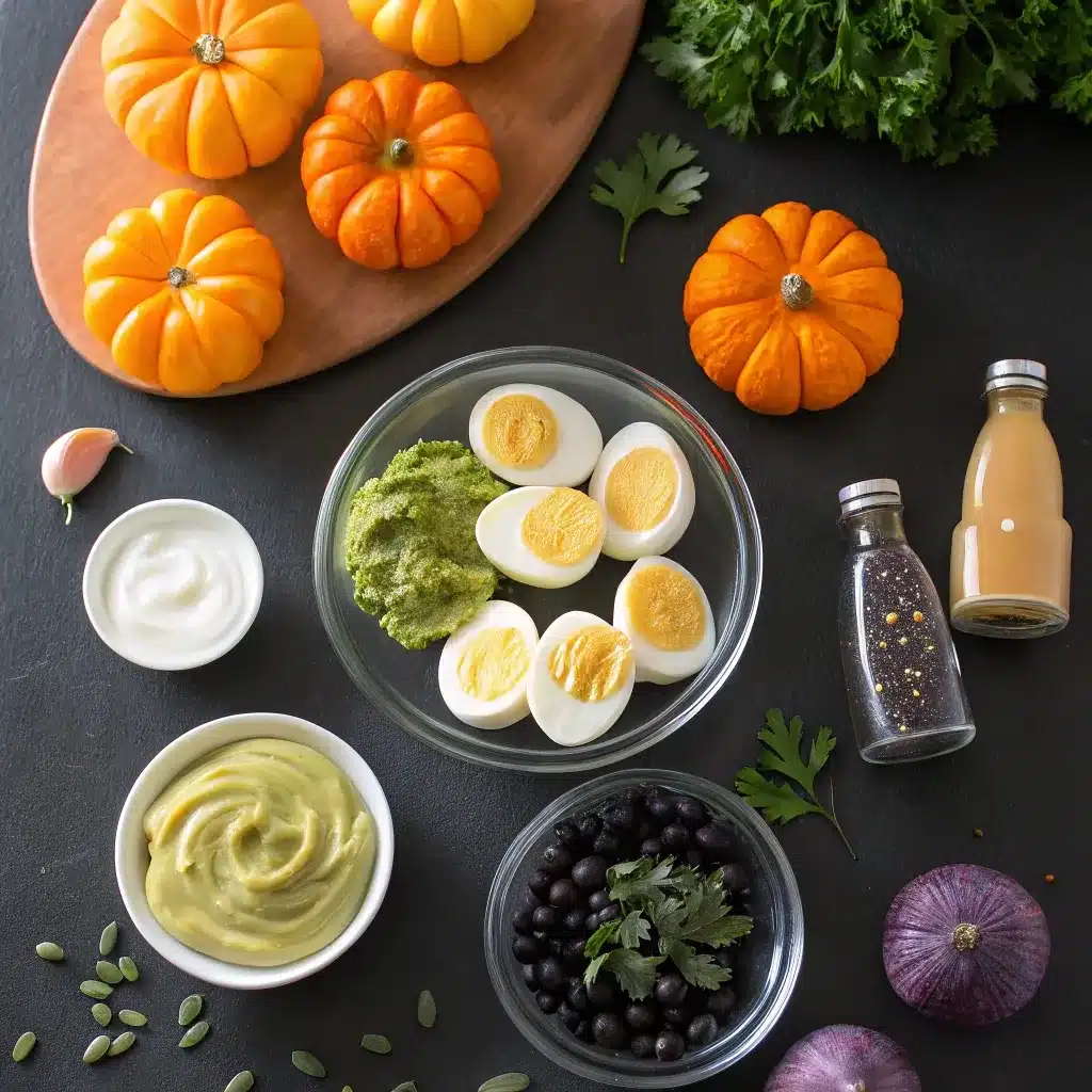 Fresh ingredients for spooky deviled eggs recipe