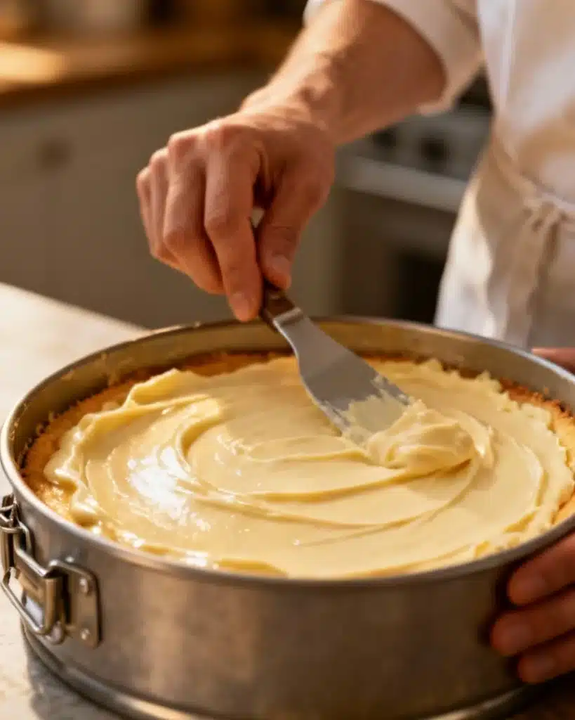 Spreading no bake cheesecake filling into pan