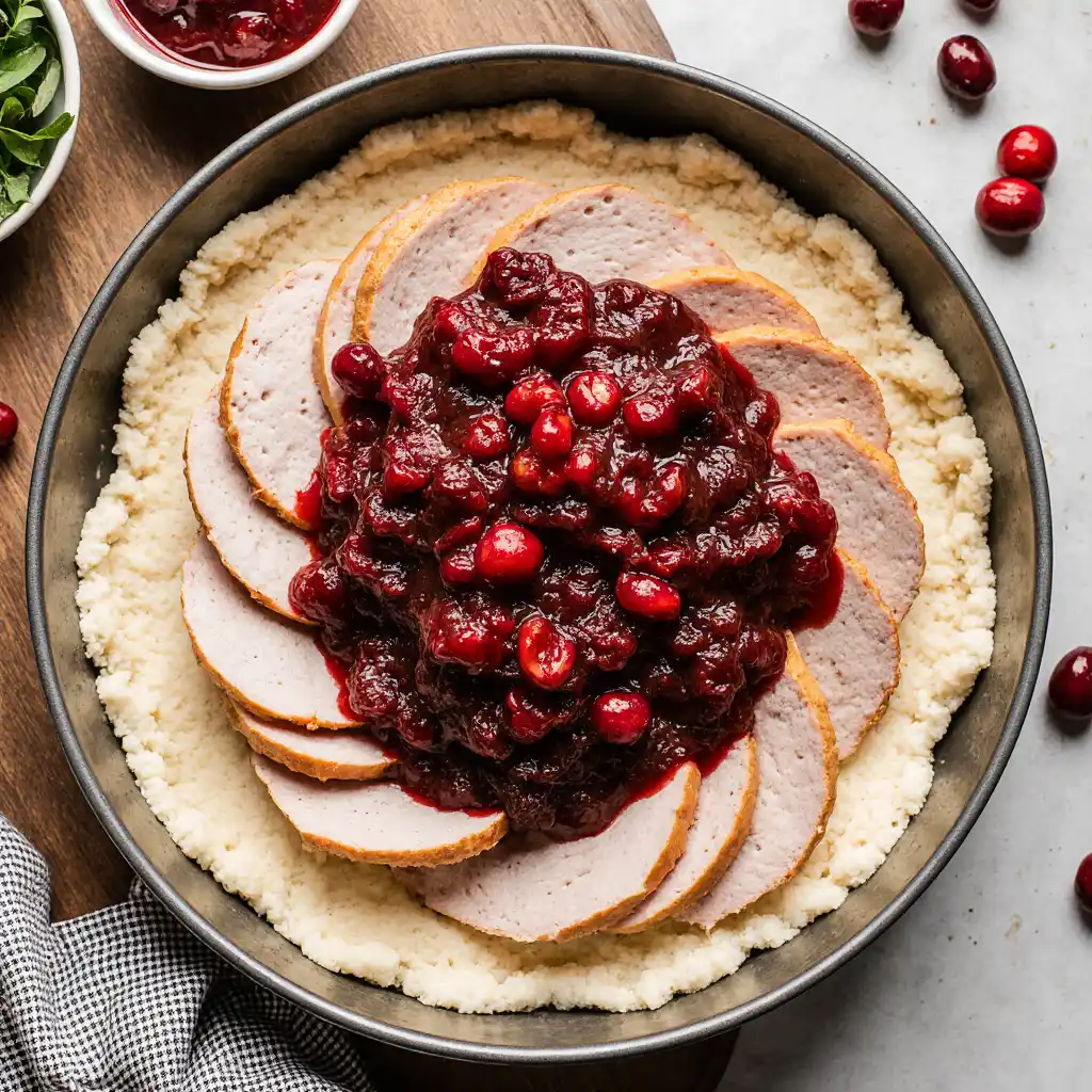 Layering turkey slices and cranberry sauce onto crescent dough base