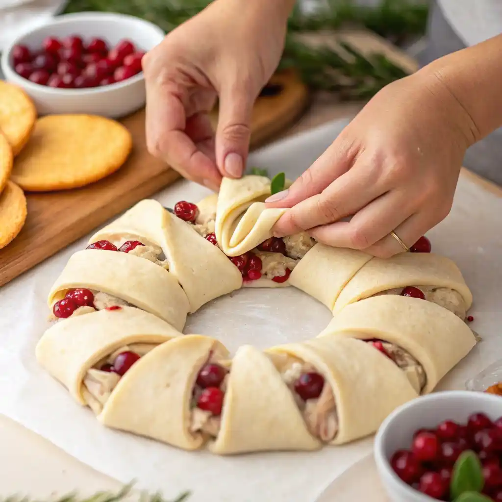 Folding crescent dough tips to form turkey cranberry crescent wreath