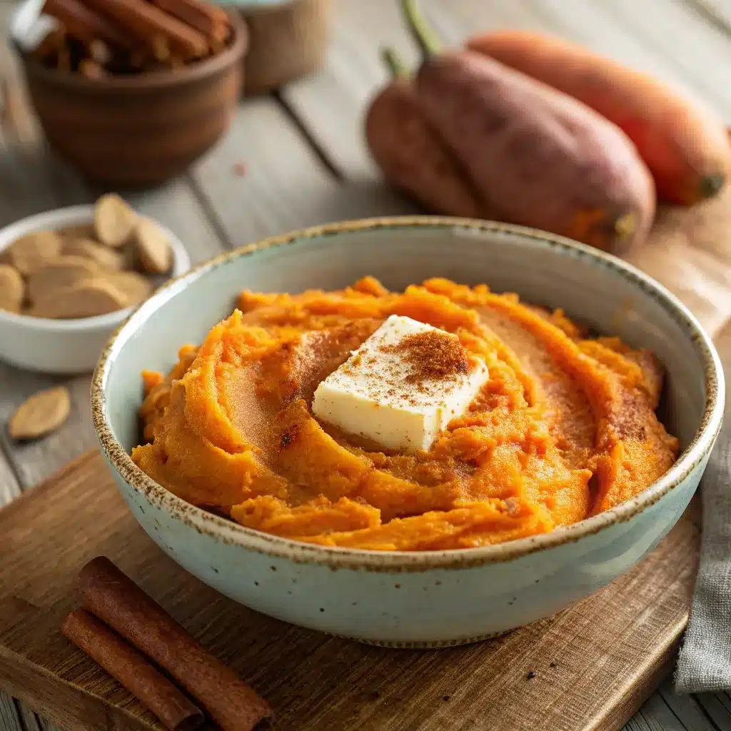 Roasted sweet potatoes mashed with butter and cinnamon for savory sweet potato casserole with pecans.