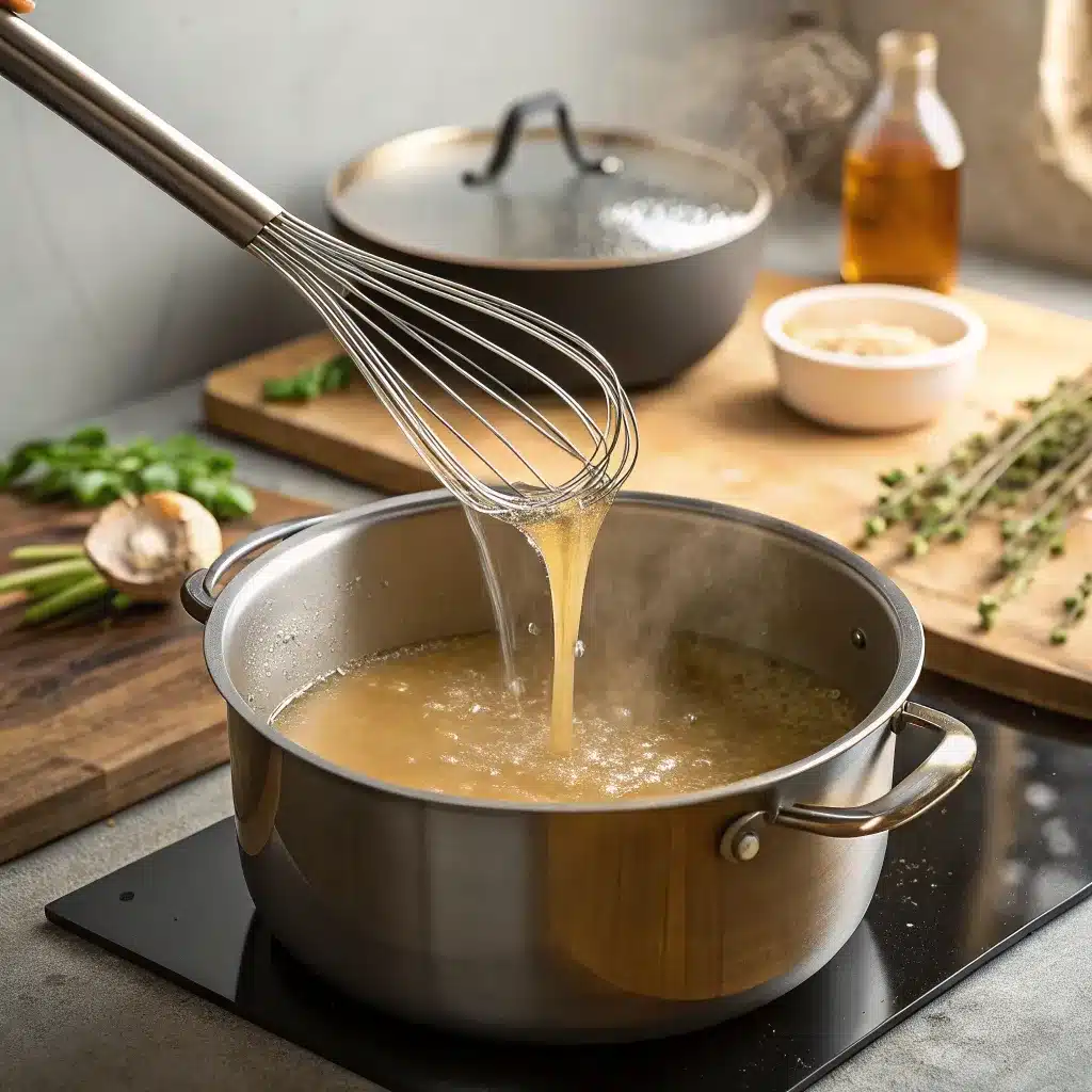 Pouring broth into turkey gravy without drippings while whisking