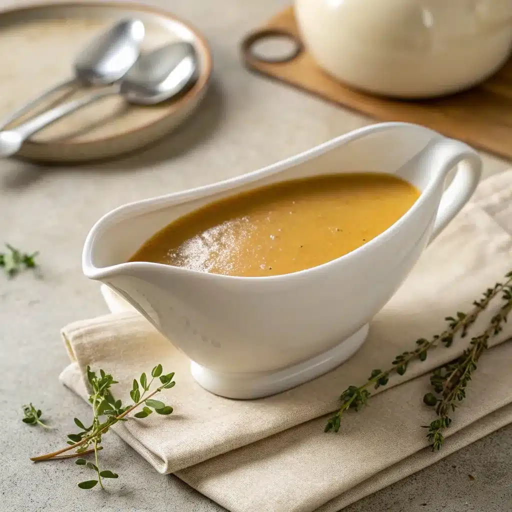 Turkey gravy without drippings in a white gravy boat, glossy and golden