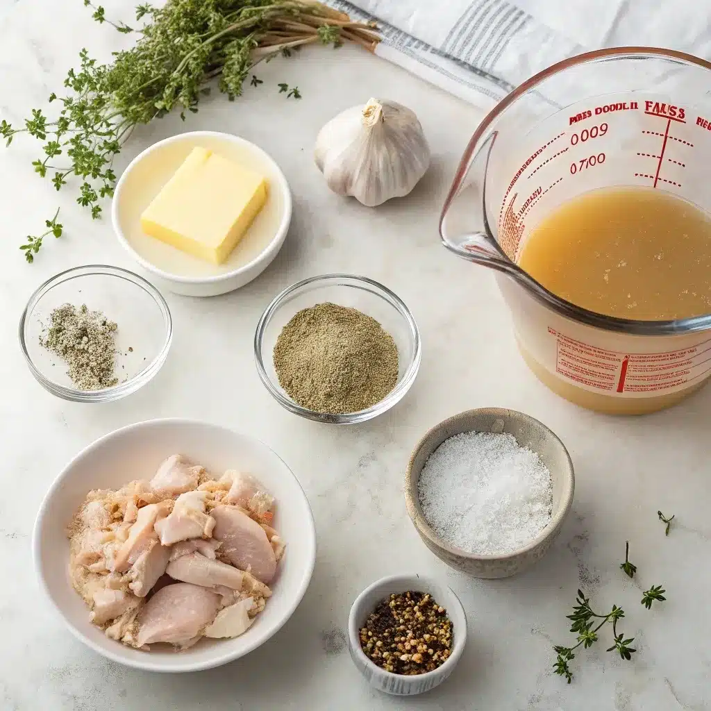 Ingredients for turkey gravy without drippings arranged on a counter