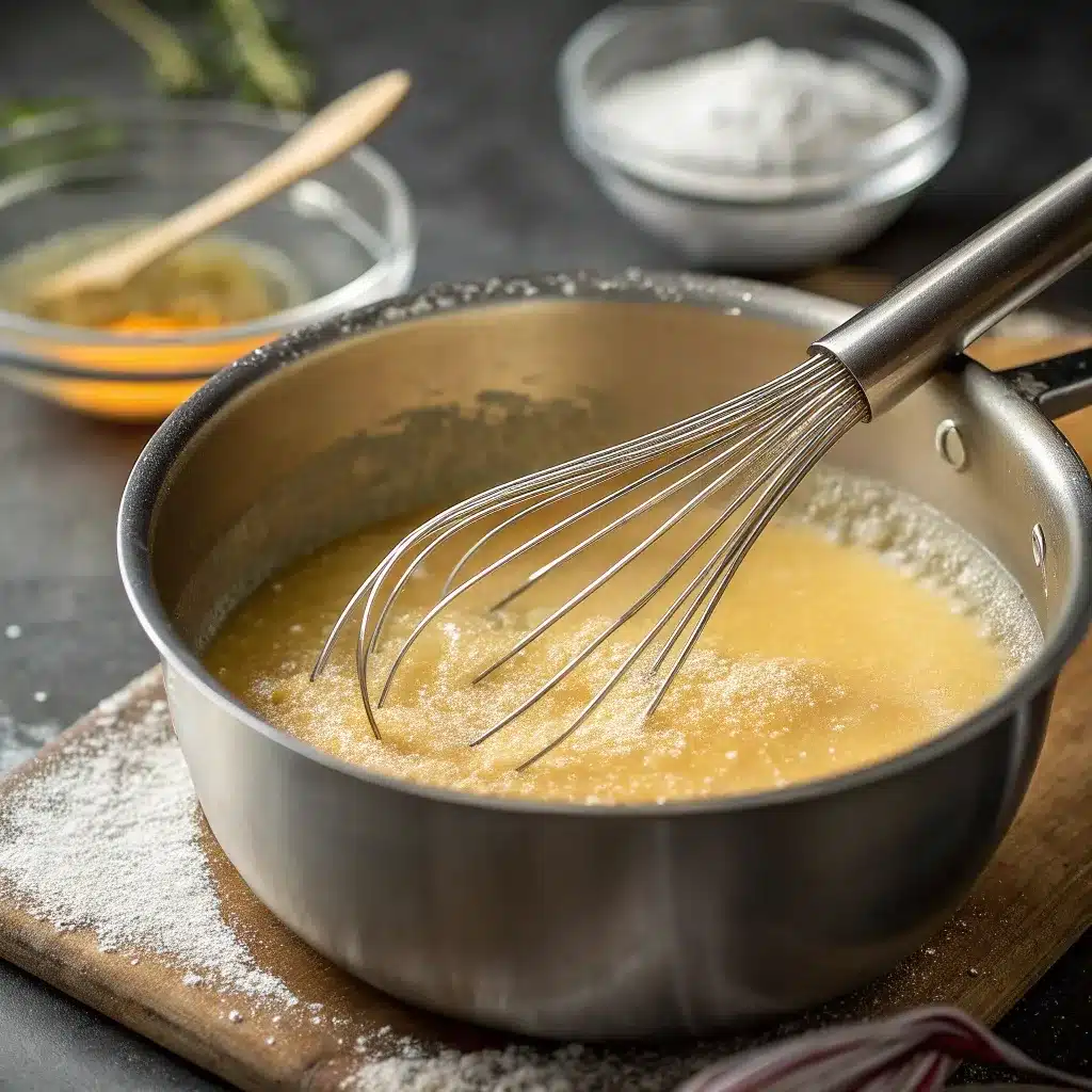 Whisking roux for turkey gravy without drippings in a saucepan