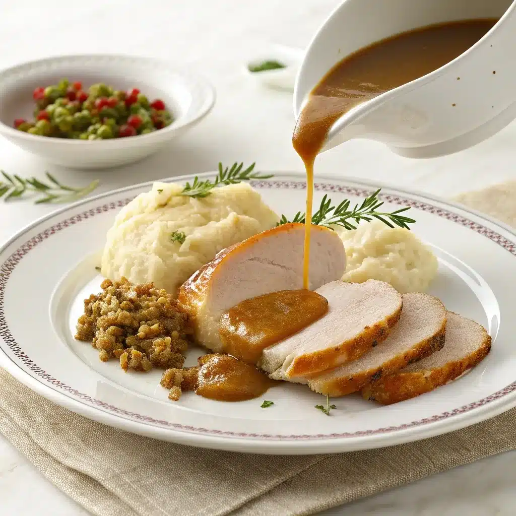 Serving turkey gravy without drippings over turkey and mashed potatoes