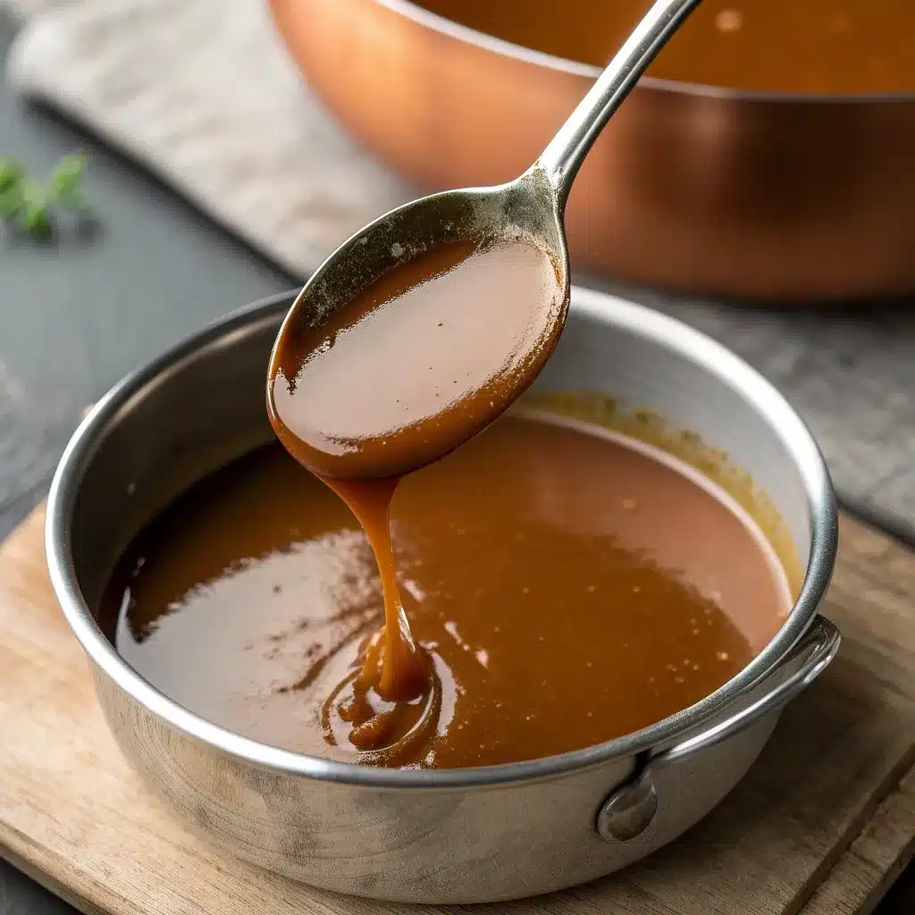 Silky turkey gravy without drippings coating the back of a spoon