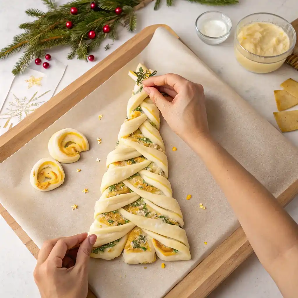 Twisted dough strips filled with garlic butter and cheese forming branches of a Christmas tree bread.